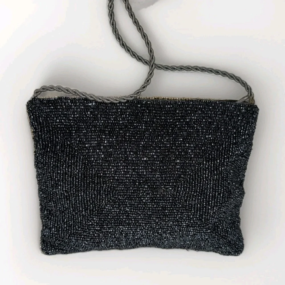 Fabulous Vintage Hand Beaded Purse Evening Bag Satin Lined Rope Strap Beautiful